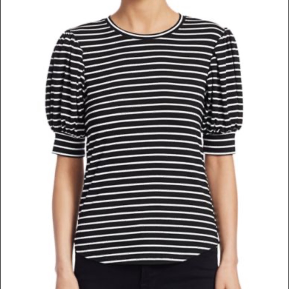 FRAME Black and White Stripe Tee with Puff Short Sleeves